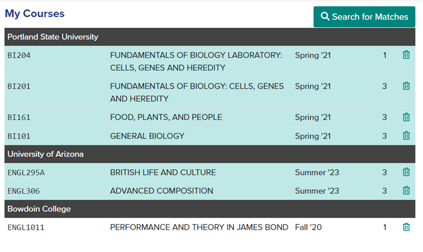 Screenshot of Transferology's "My Courses" window.