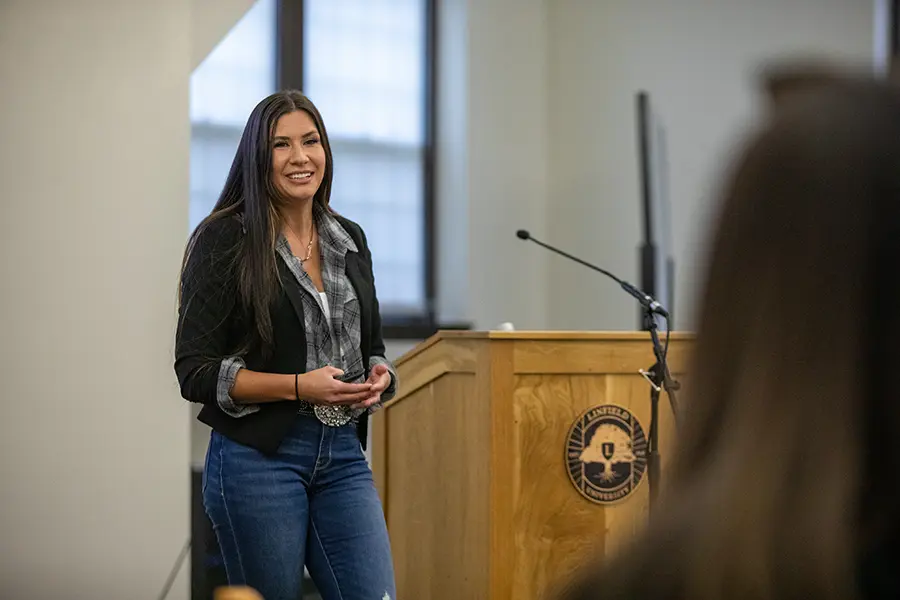 Jessie G speaking to Linfield students during NW Media Fest.