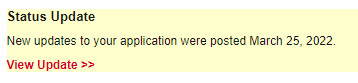 Screenshot of the status update notice in the Linfield Admission Portal reading "new updates to your application were posted" with a link to "view update."
