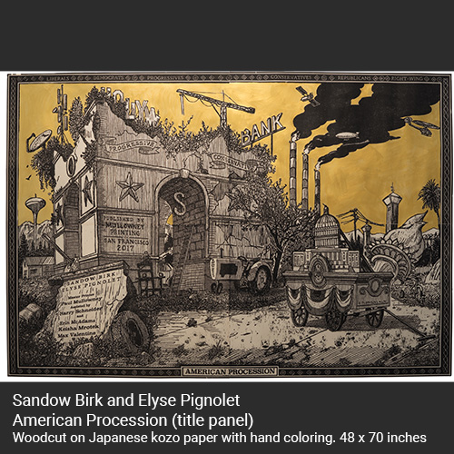 Sandow Birk and Elyse Pignolet, American Procession (title panel) Woodcut on Japanese kozo paper with hand coloring. 48 x 70 inches.