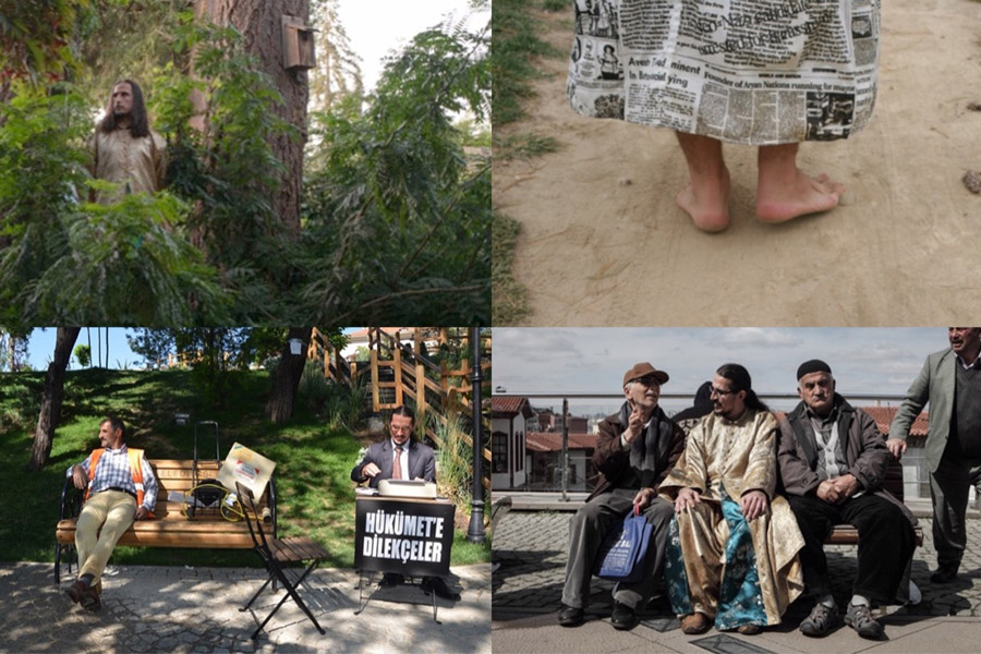 Photo collage including a man in the woods, bare feet walking i dirt, a man on a park bench next to Serhat, and Serhat speaking to to men sitting on a public bend.