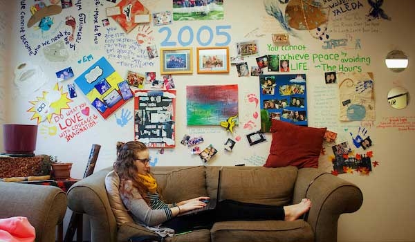 student studying in SOAN graffiti room