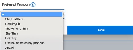 A screenshot of the pronouns dropdown list in Self-Service.