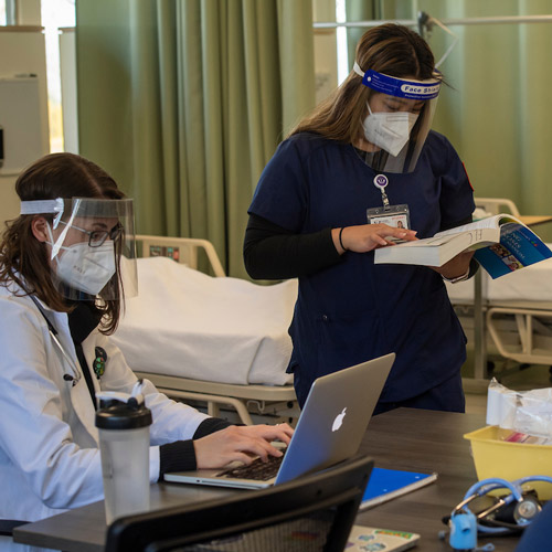 Nursing faculty member with student studying in lab