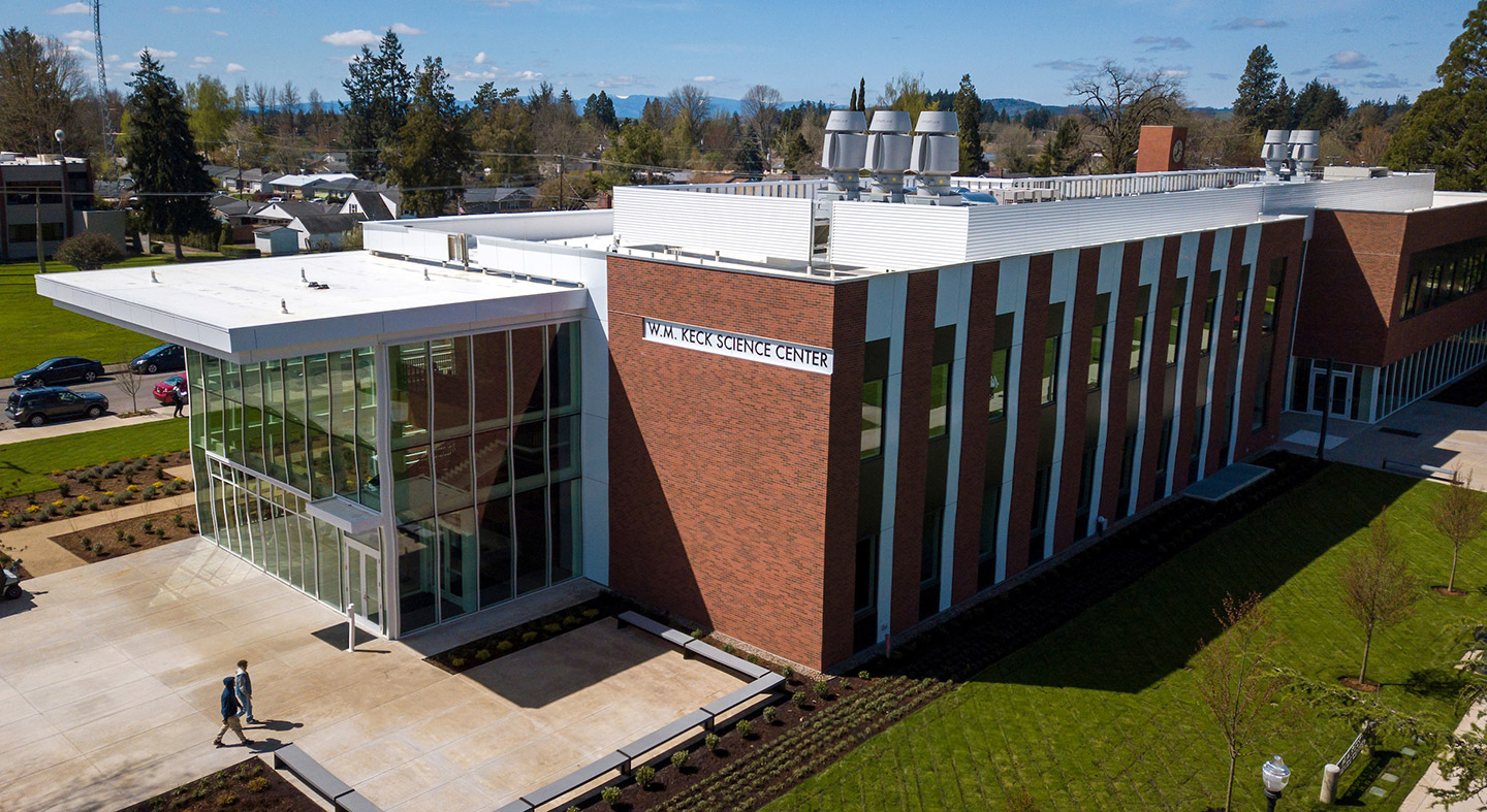 An aerial view of the WM Keck Science Center.